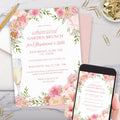 elegant pink floral whimsical birthday invitation with champagne for brunch party invites